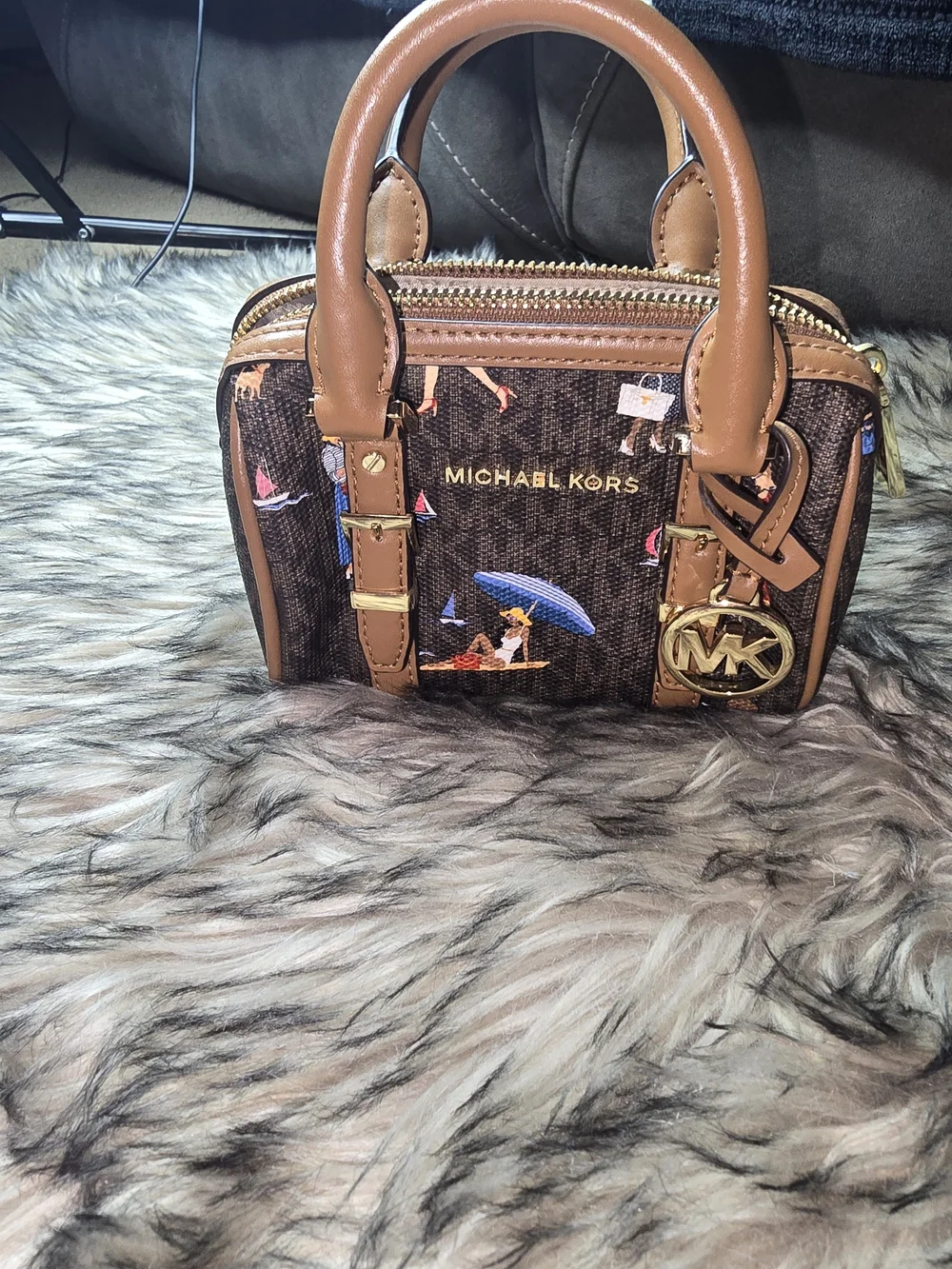 Michael Kors Brown Beach Print Mini Satchel with Tan Trim
